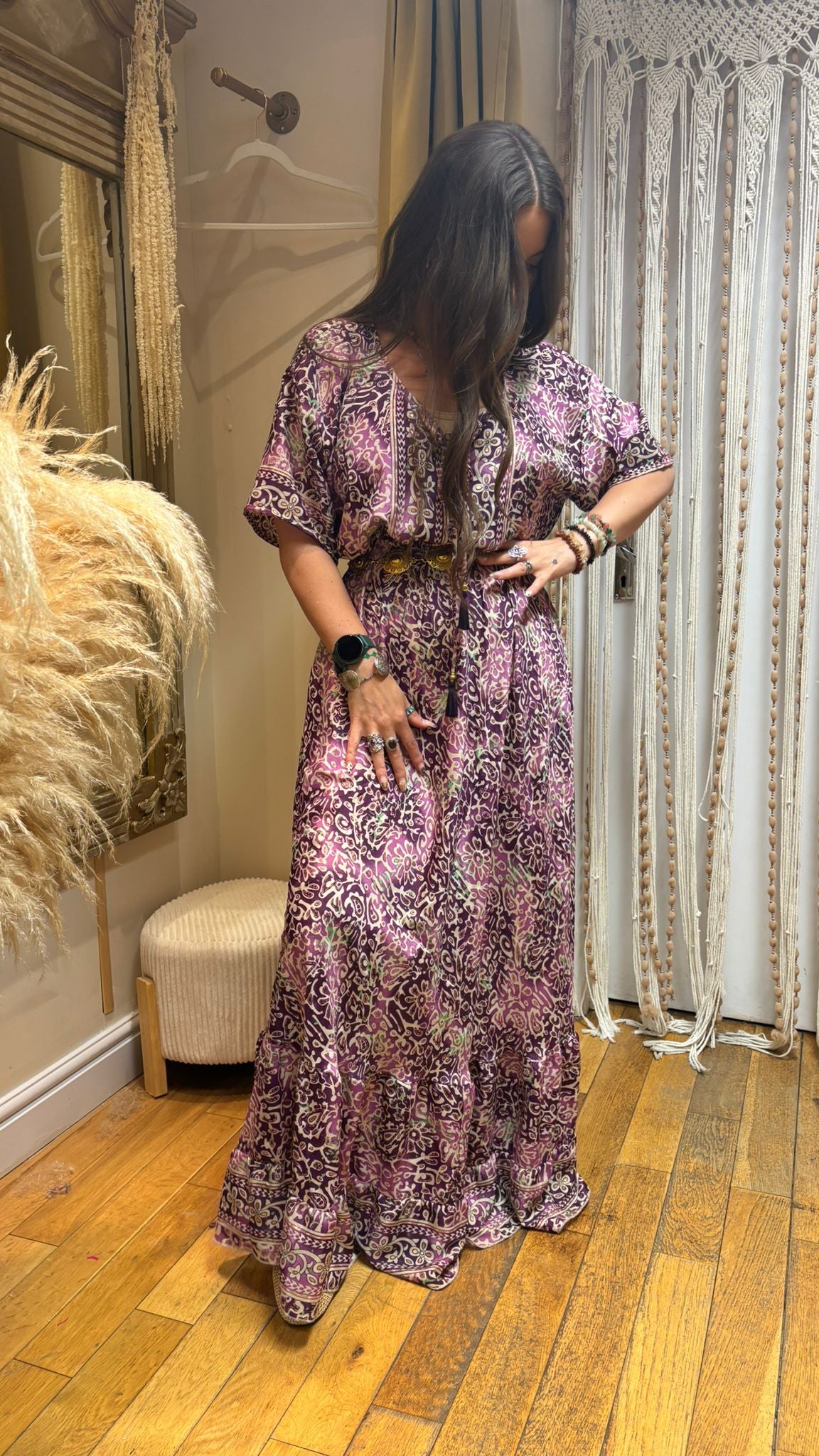 Grace Purple Paisley Print Recycled Sari Silk Maxi Dress – One Size 10-14