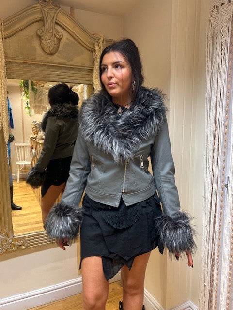 Grey pleather fur trim biker Jacket